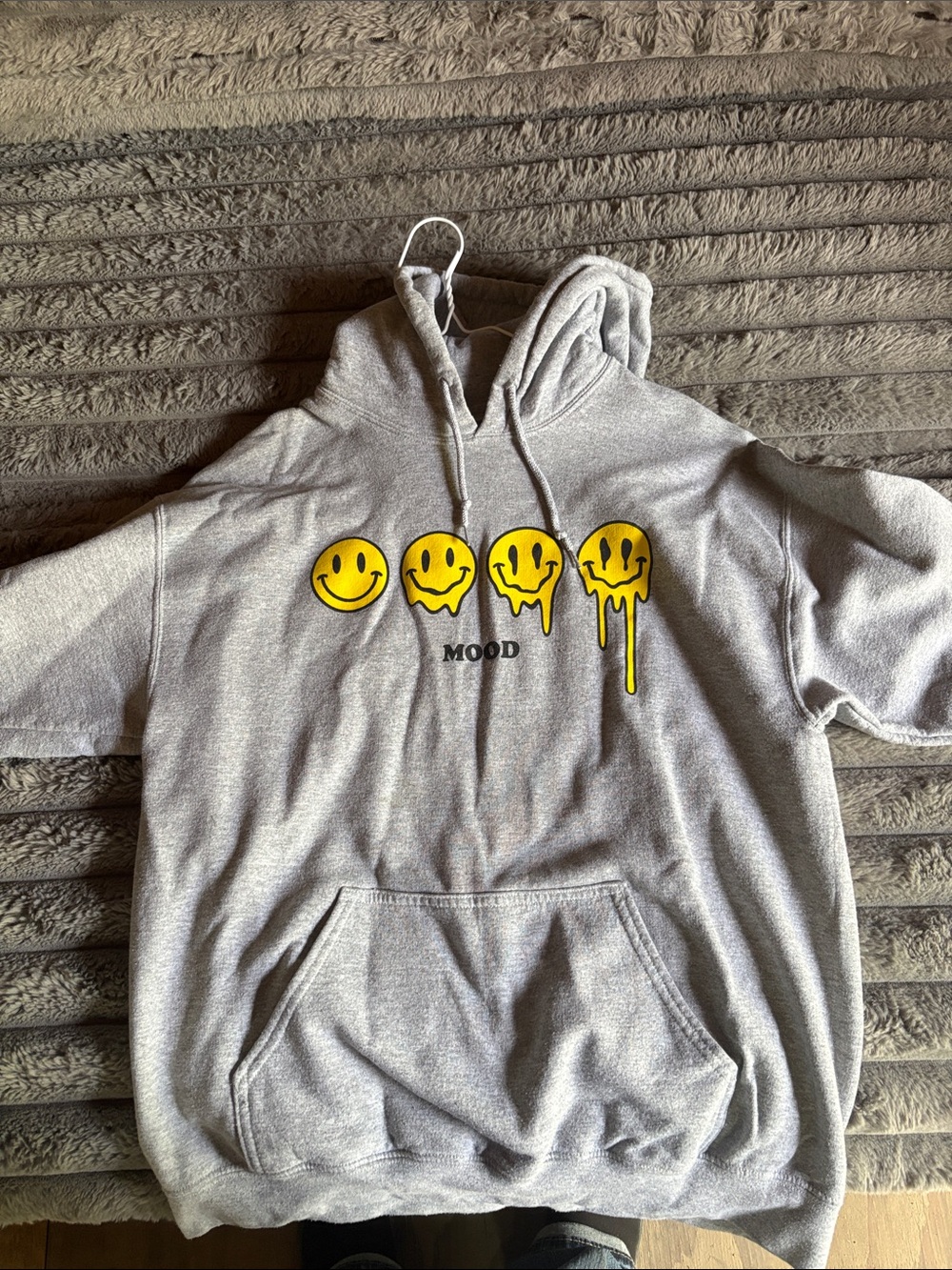 Gray Hooded Sweatshirt with Yellow Mood Smiley Graphic